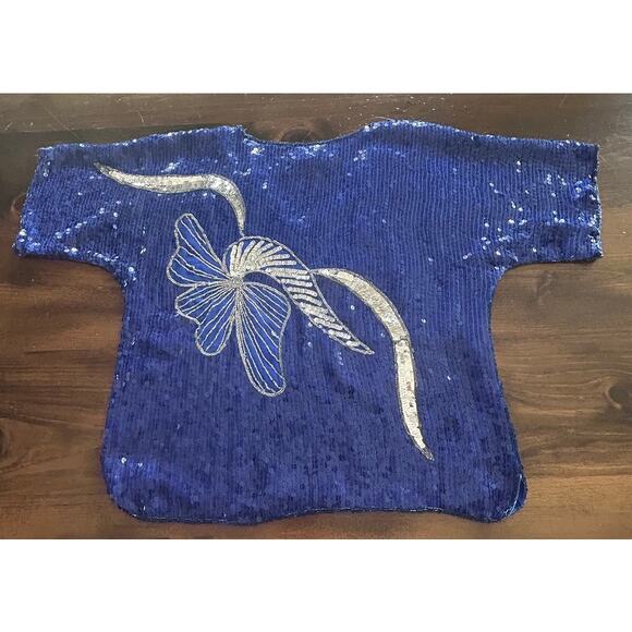 Vintage JLB 100% Silk Sequin Blue Silver Short Sleeve Top Blouse Womens Sz Large - Picture 8 of 10